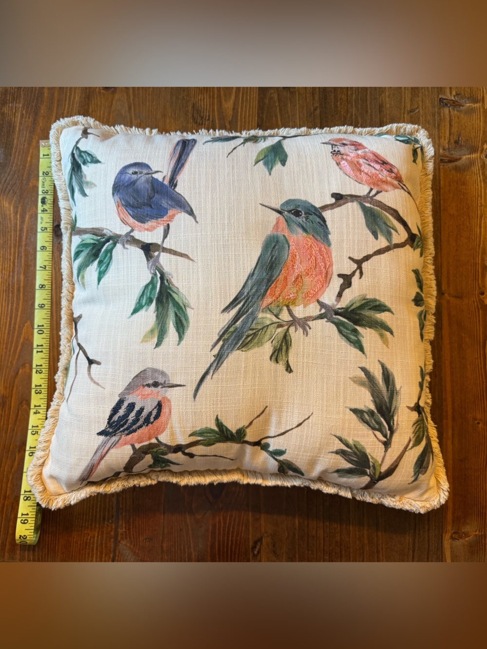 Source Unknown Cream Throw Pillow with Colorful Bird Print and Fringe